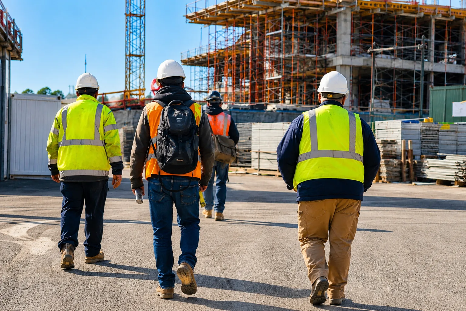 Une camionnette chargée arrive sur un chantier boueux au début du quart