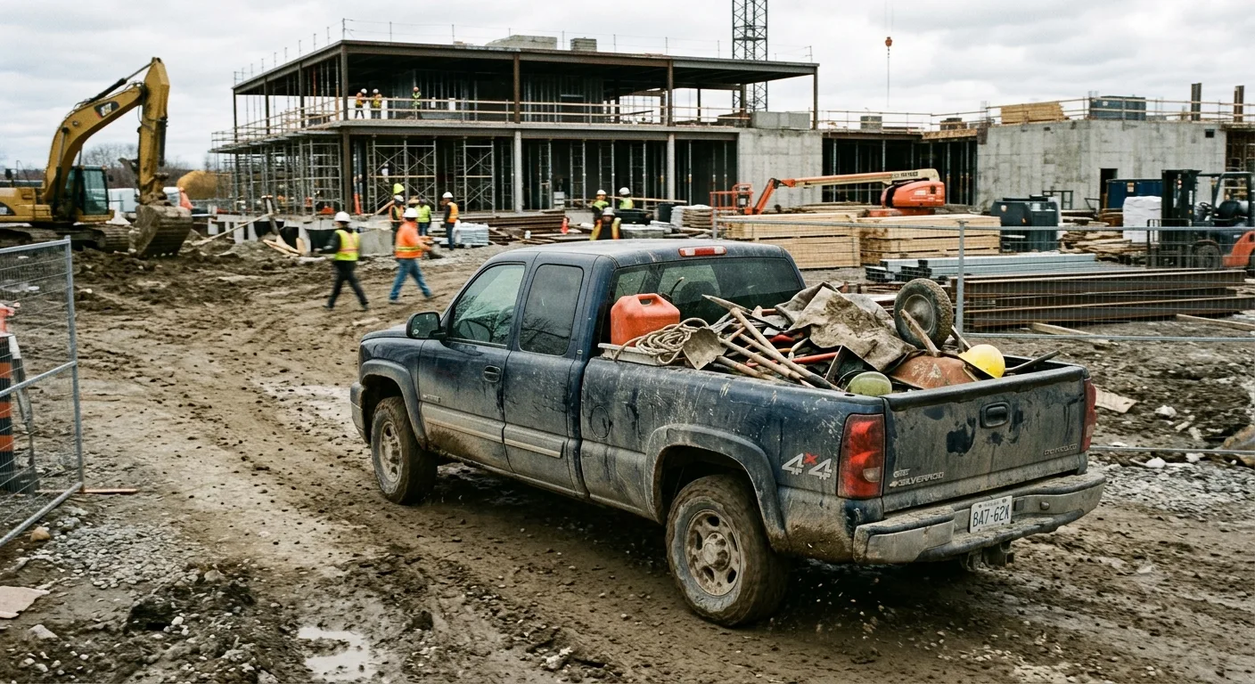 Une camionnette chargée arrive sur un chantier boueux au début du quart