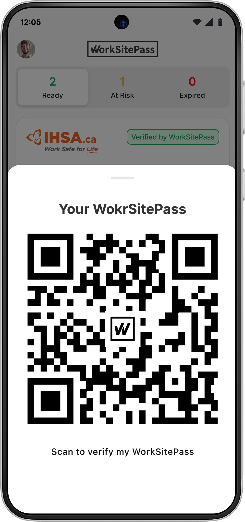 WorkSitePass mobile app showing QR code